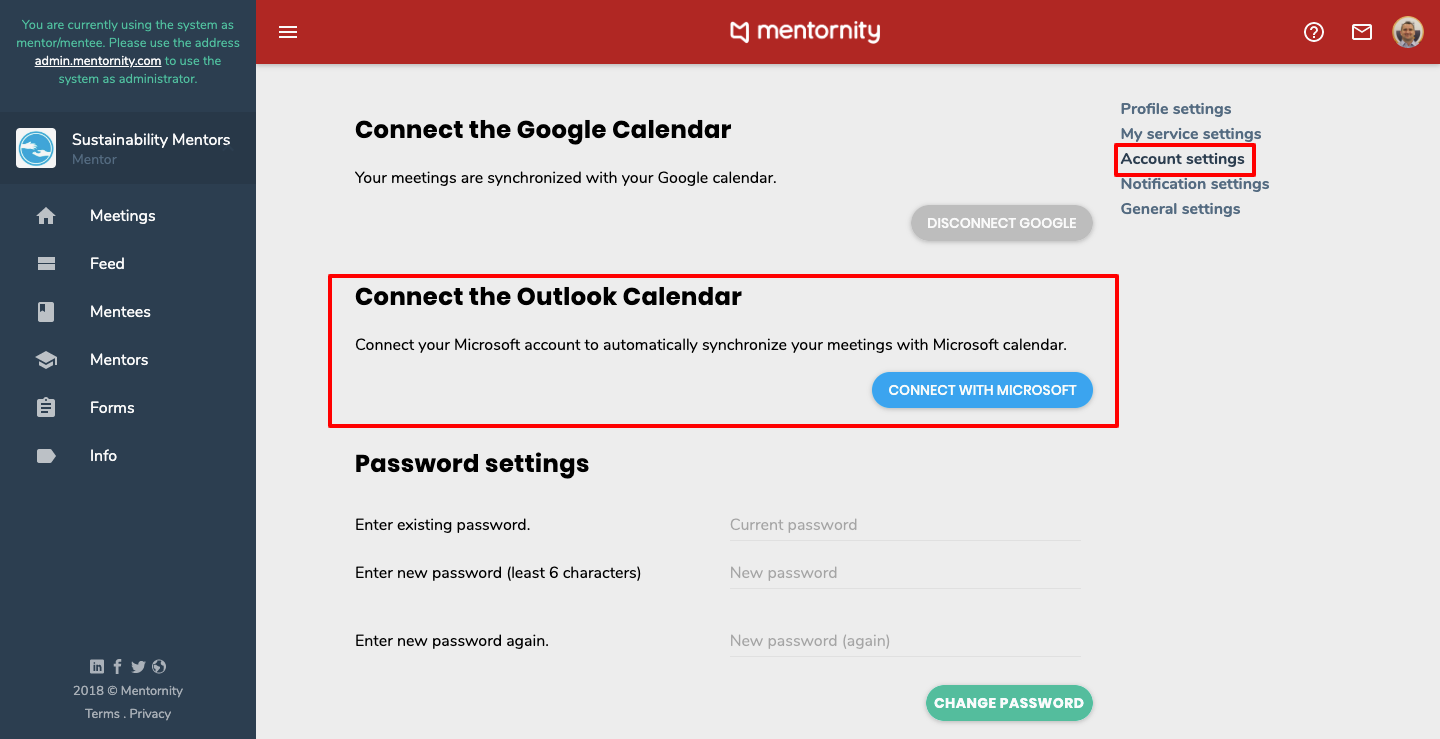 Settings mentor calendar